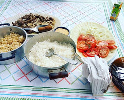 Depois da pescaria, pausa para almoço na beira do rio