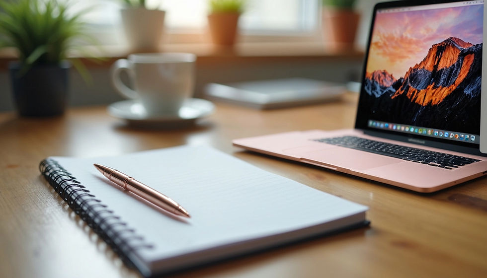 Vue rapprochée d'un bureau organisé avec un ordinateur portable, un carnet de notes et un stylo