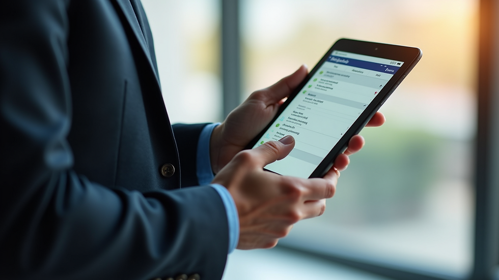 Close-up view of a project manager reviewing a prioritized task list on a digital tablet