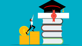A stack of books with a graduation hat on top of it. A person is stepping up two gold piles. A coin with a dollar sign is showing on the lower step.