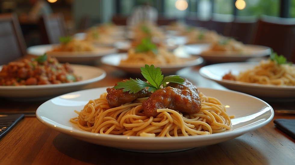 Eye-level view of a communal dining table set with diverse dishes