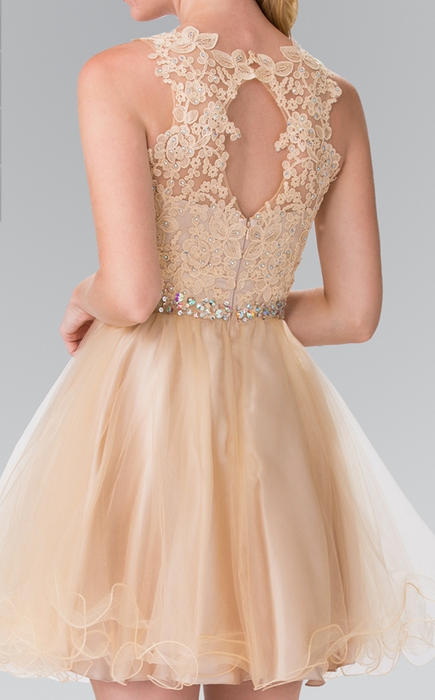 Thumbnail: Elizabeth K - M23759 Lace Illusion Top A-Line Short Dress with Beaded Waist