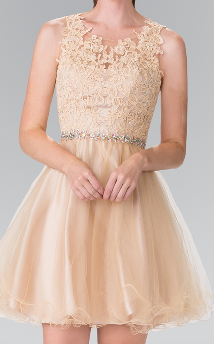 Thumbnail: Elizabeth K - M23759 Lace Illusion Top A-Line Short Dress with Beaded Waist