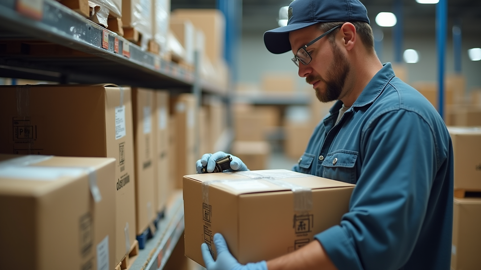 Close-up view of a logistics worker scanning bulk shipment packages