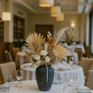 Elegant preserved flower centerpiece with neutral tones on hotel dining table, sustainable floral display Ireland