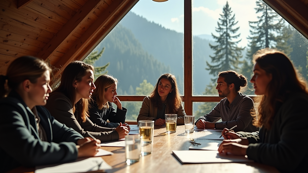 Eye-level view of a group of participants engaged in a workshop at Chalet de Gars