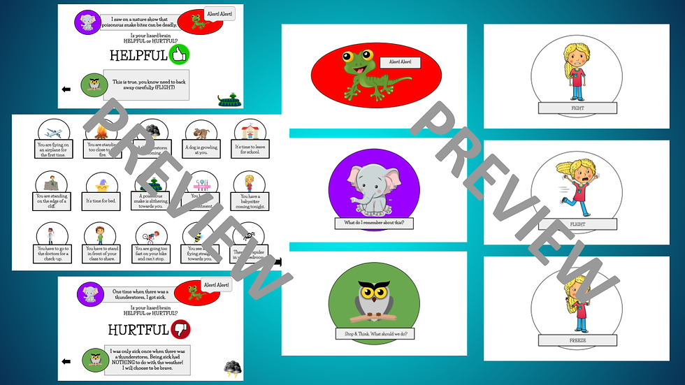 Cartoon animals and children illustrate flight or freeze responses. Text includes scenarios and questions about helpful or hurtful reactions.