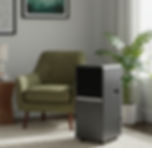 Schwarzes Klimagerät steht in einem modernen Wohnzimmer neben einem grüänen Sessel und einer Pflanze