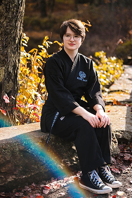 Oxford, Connecticut high school senior picture wearing Bushi Ban gi, taken by Justin Sprague