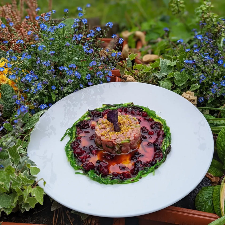 Tartare de truite valaisanne, baies et herbes sauvages