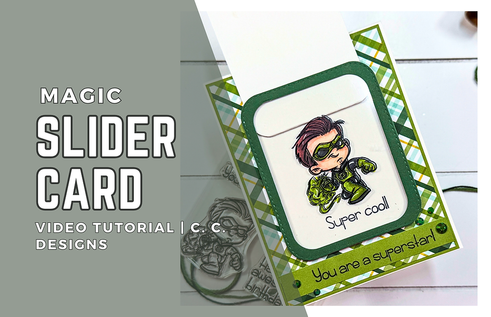Magic slider card with superhero illustration. Text: "Super cool," "Magic Slider Card," and "You are a superstar!" Green plaid background.