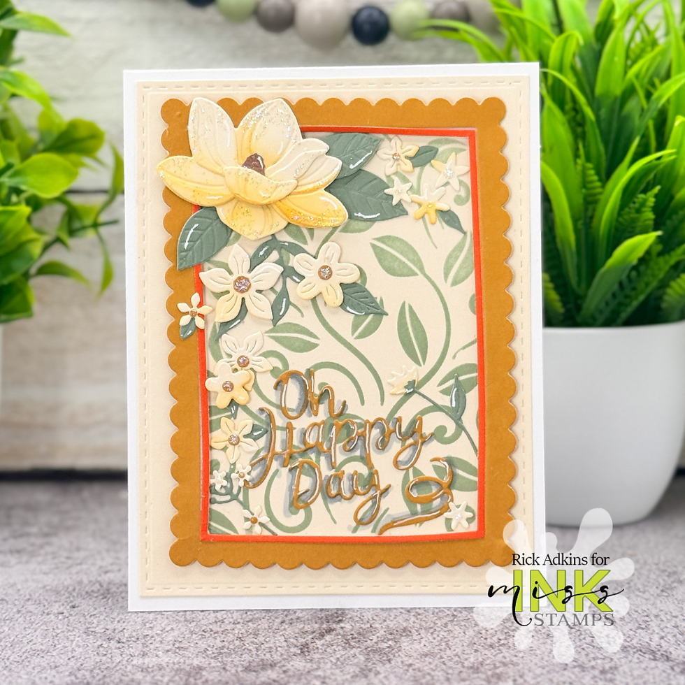 Greeting card with yellow and white flowers, green leaves, and orange border. Text reads "Oh Happy Day" in cursive. Bright, cheerful mood.