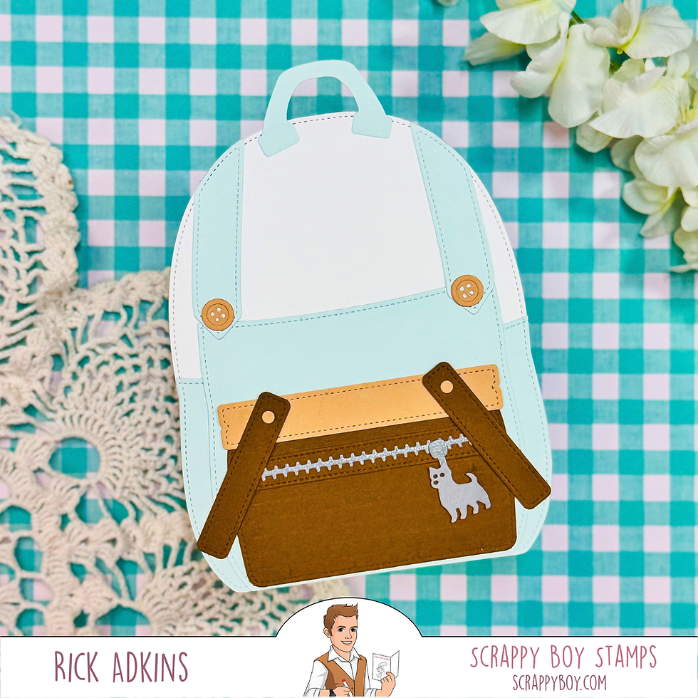 Paper backpack craft on blue gingham, with lace and white flowers; Rick Adkins and Scrappy Boy Stamps text below.