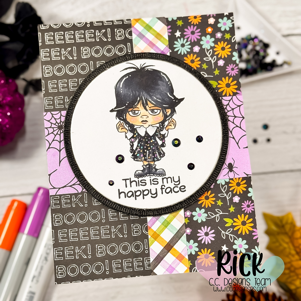 Cartoon figure on a Halloween-themed card with text "This is my happy face." Features flowers, spiderwebs, "Eeek!" and "Boo!" text.