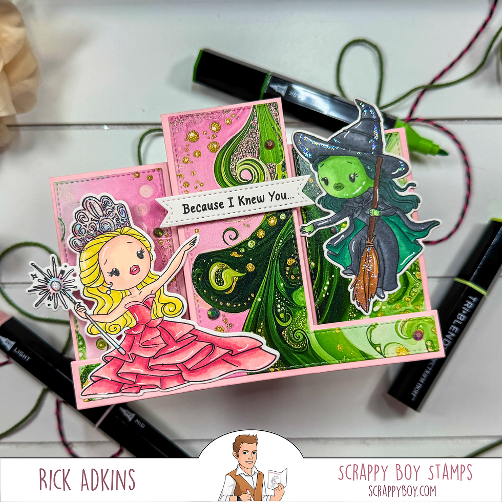 Cartoon Glinda and Elphaba on a colorful card with the text "Because I Knew You." Background features swirling pink and green patterns.