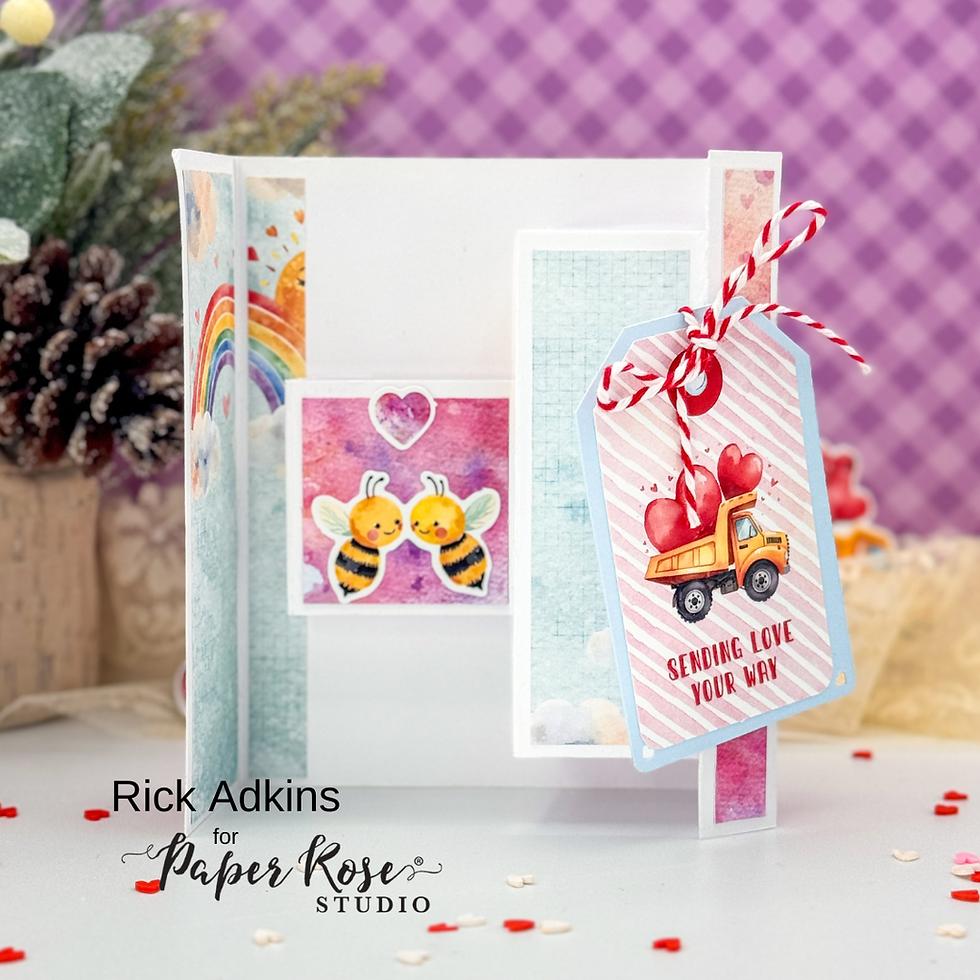 Greeting card with bees, hearts, and a truck on a tag saying "Sending love your way." Purple checkered background, snowy plants.