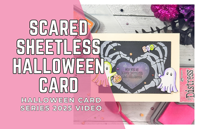 Halloween card on pink background with ghosts, skeleton arms, purple heart. Text: May you be scared sheetless this Halloween. Mood: festive.