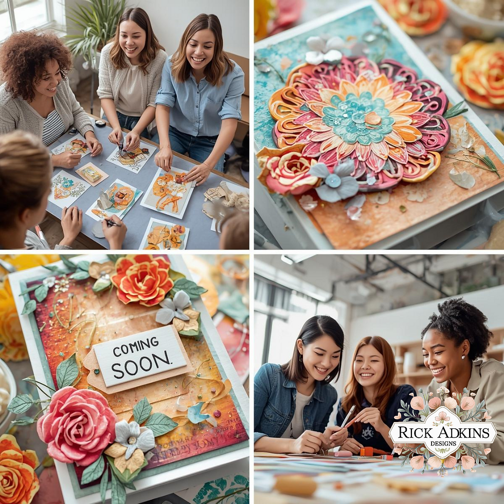 People crafting with vibrant paper designs and flowers. A card reads "COMING SOON." Smiling in a bright room with plants and art supplies.