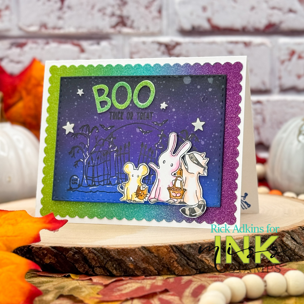 Halloween card with animals in costumes holding baskets at a gate. "BOO" text in green. Colorful border, pumpkin, and leaves visible.