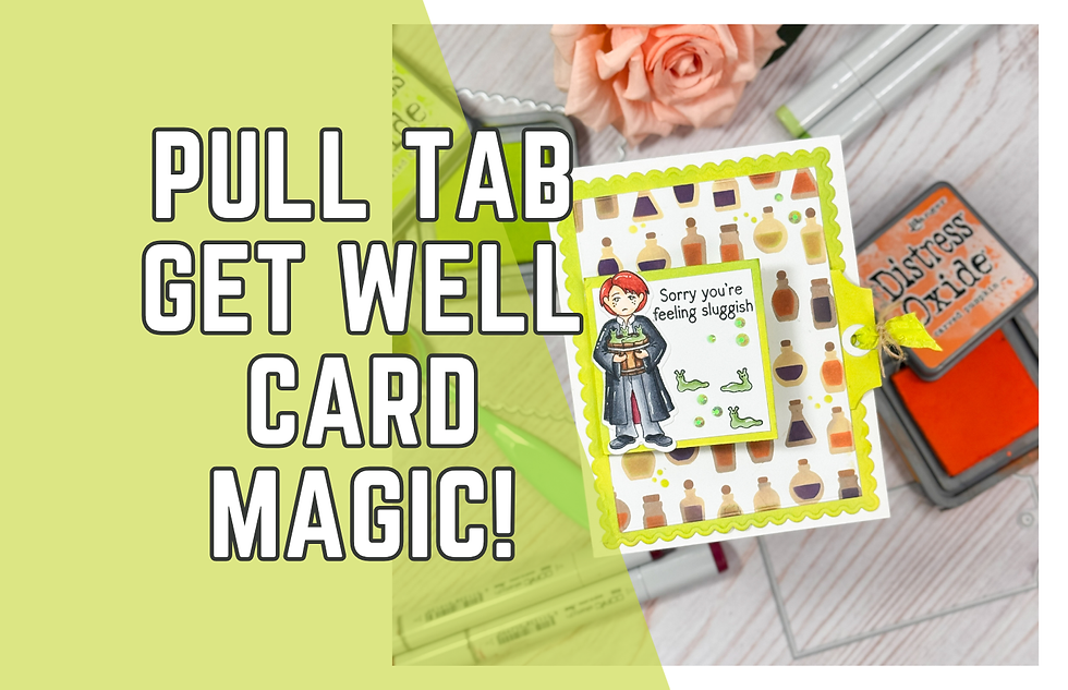 Get well card with a pull tab, decorated with potion bottles and cartoon character. Text: "Sorry you're feeling sluggish." Bright, cheerful design.