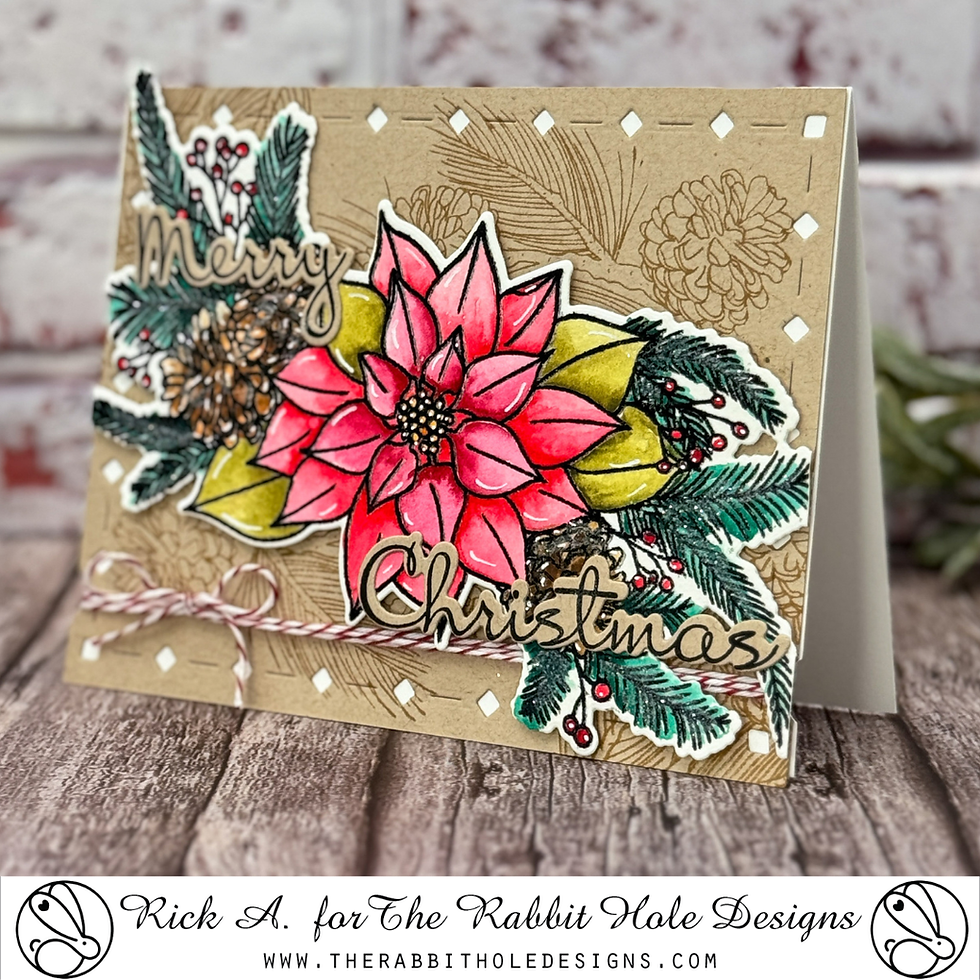 Festive card with a red poinsettia, green leaves, pinecones, and "Merry Christmas" text on a kraft background with twine detail.