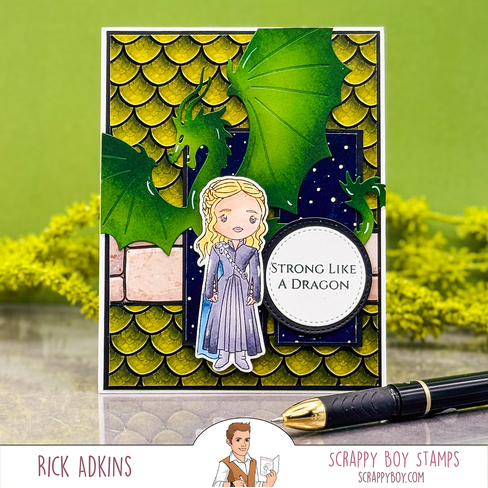 Fantasy card with a blonde girl and green dragons over gold scales; text reads STRONG LIKE A DRAGON, with Rick Adkins branding پایین