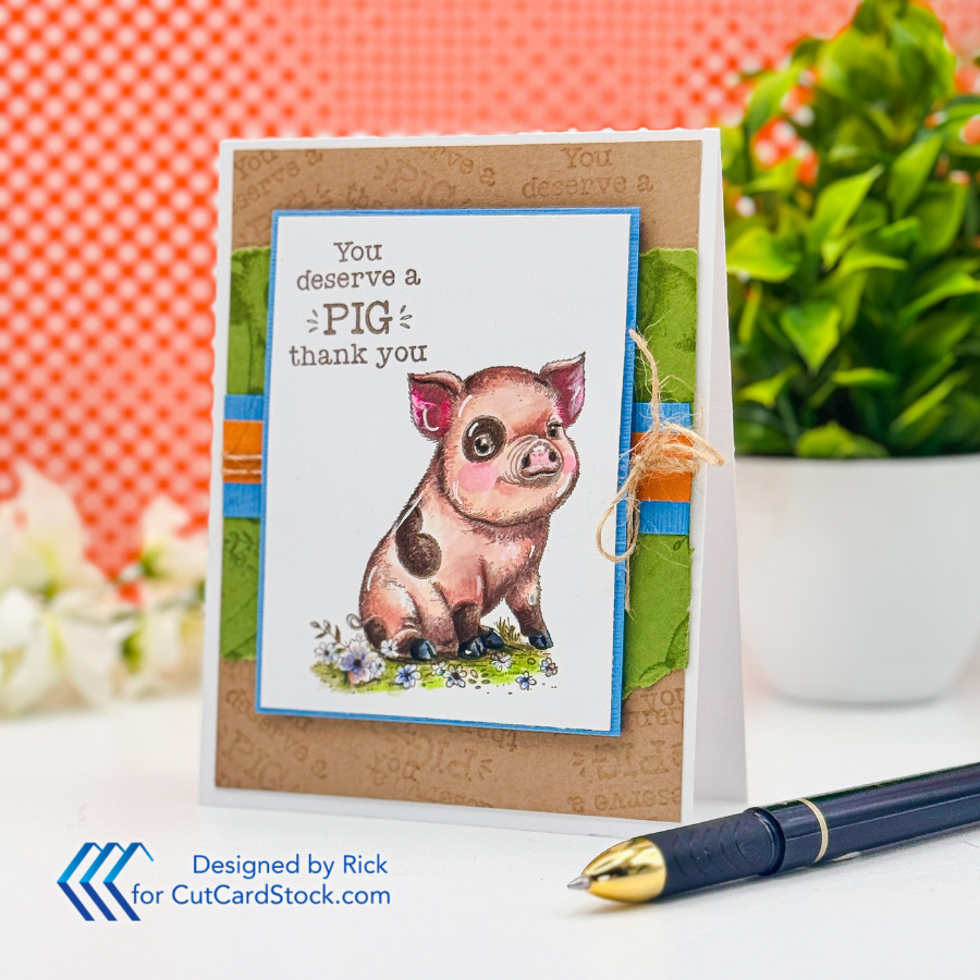 Greeting card with a cute pig illustration and text "You deserve a PIG thank you." Features green, orange, blue accents, and floral design.