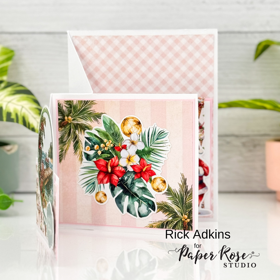 Tropical-themed card with red flowers and green leaves on pink striped background. Text reads "Rick Adkins for Paper Rose Studio."