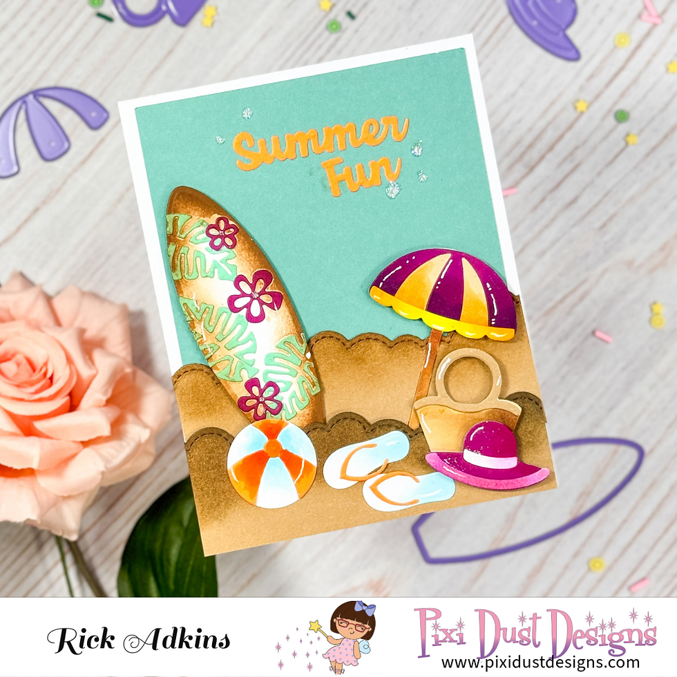 Summer-themed card with a surfboard, umbrella, and beach items on sand. Text says "Summer Fun." Background is turquoise. Adjacent rose.