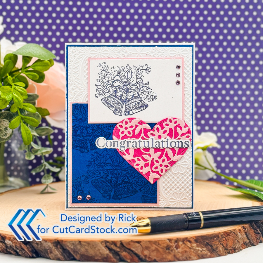 Elegant handmade congratulations card with pink heart, blue floral panel, and purple polka-dot background; Designed by Rick