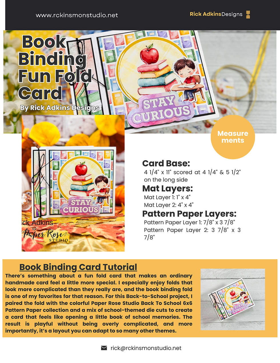 Book Binding Fun Fold Card tutorial poster showing a colorful handmade card with Stay Curious and measurements.