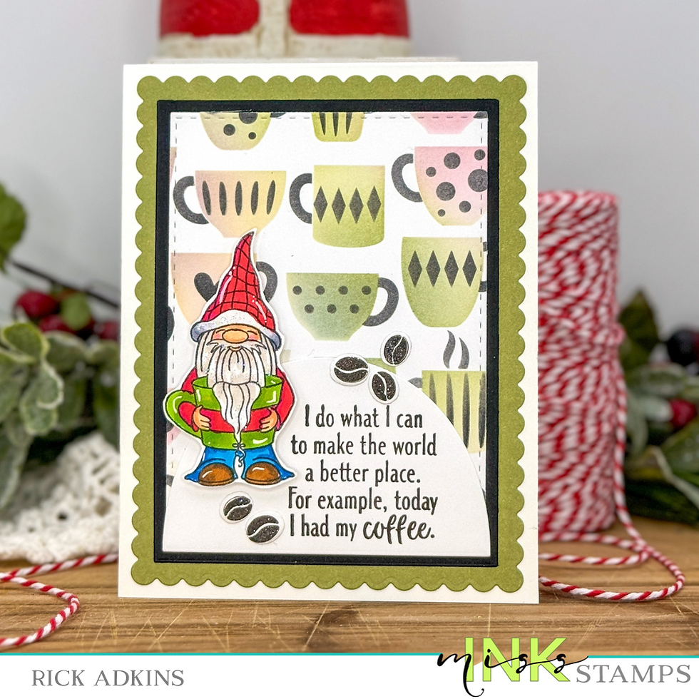 Festive Coffee Gnome Card by Rick Adkins Front View