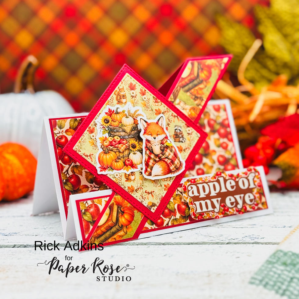 Fall-themed fox greeting card with pumpkins and apples; text says apple of my eye, Rick Adkins for Paper Rose Studio.