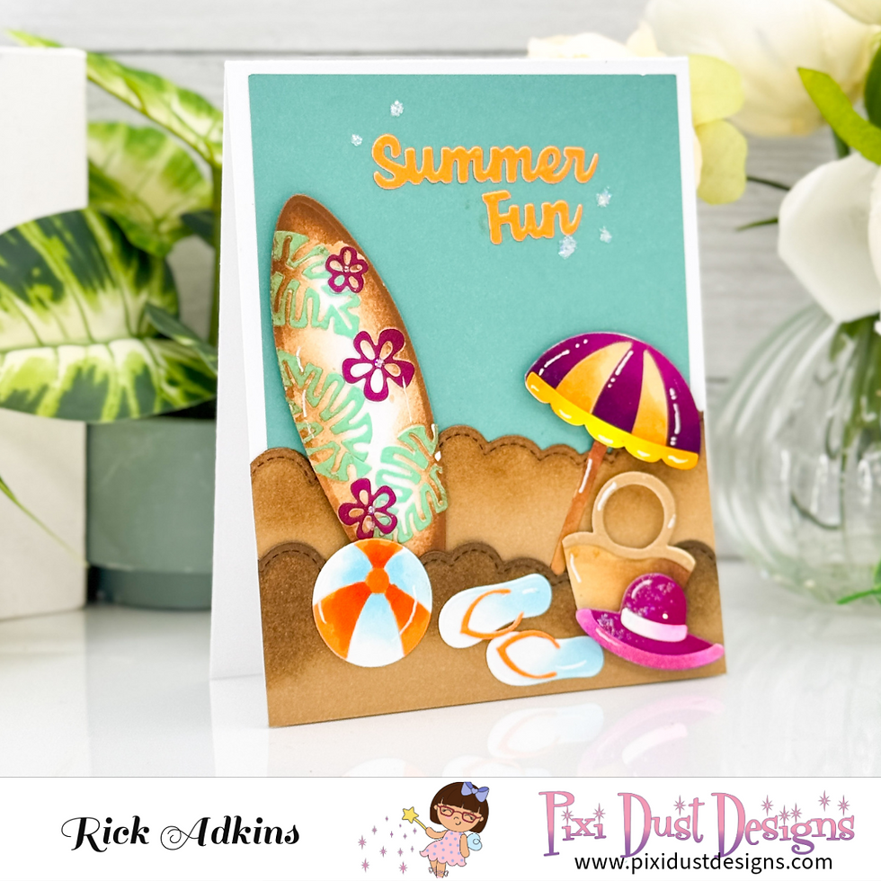 Beach-themed card with surfboard, umbrella, flip-flops, and text "Summer Fun" on blue. Bright colors and tropical vibe.
