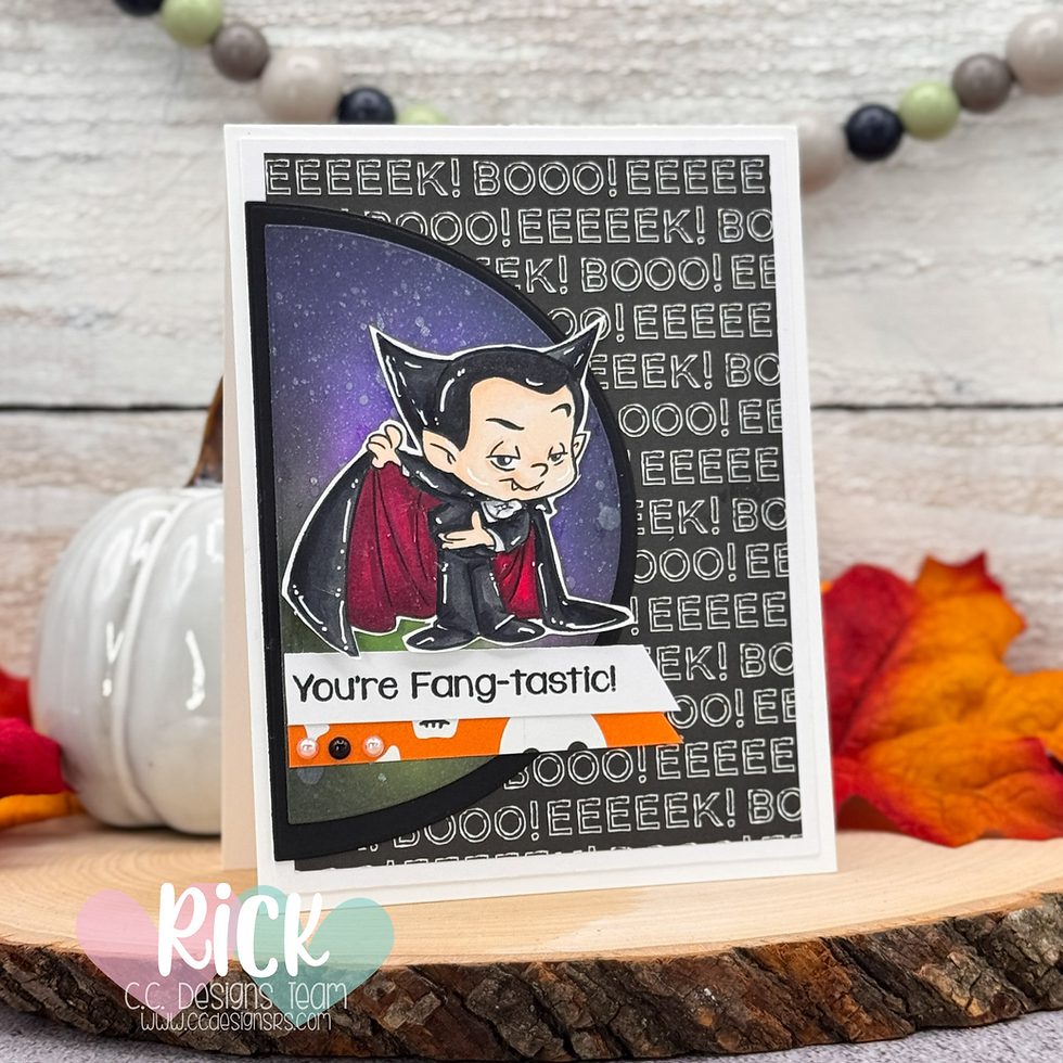 Cartoon vampire on greeting card with "You're Fang-tastic!" text. Black and white background reads "BOO! EEEK!" Leaves and pumpkin decor.