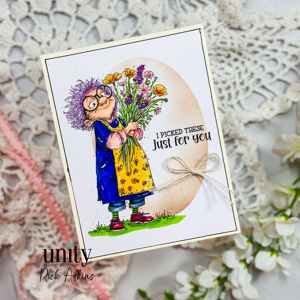 Cartoon character in purple glasses and colorful dress holds flowers. Text reads: "I picked these just for you." Lace and flowers around.