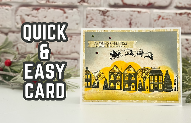 Festive card with silhouette houses, sleigh, reindeer, and "SEASON'S GREETINGS" text. Brick wall and greenery in background.