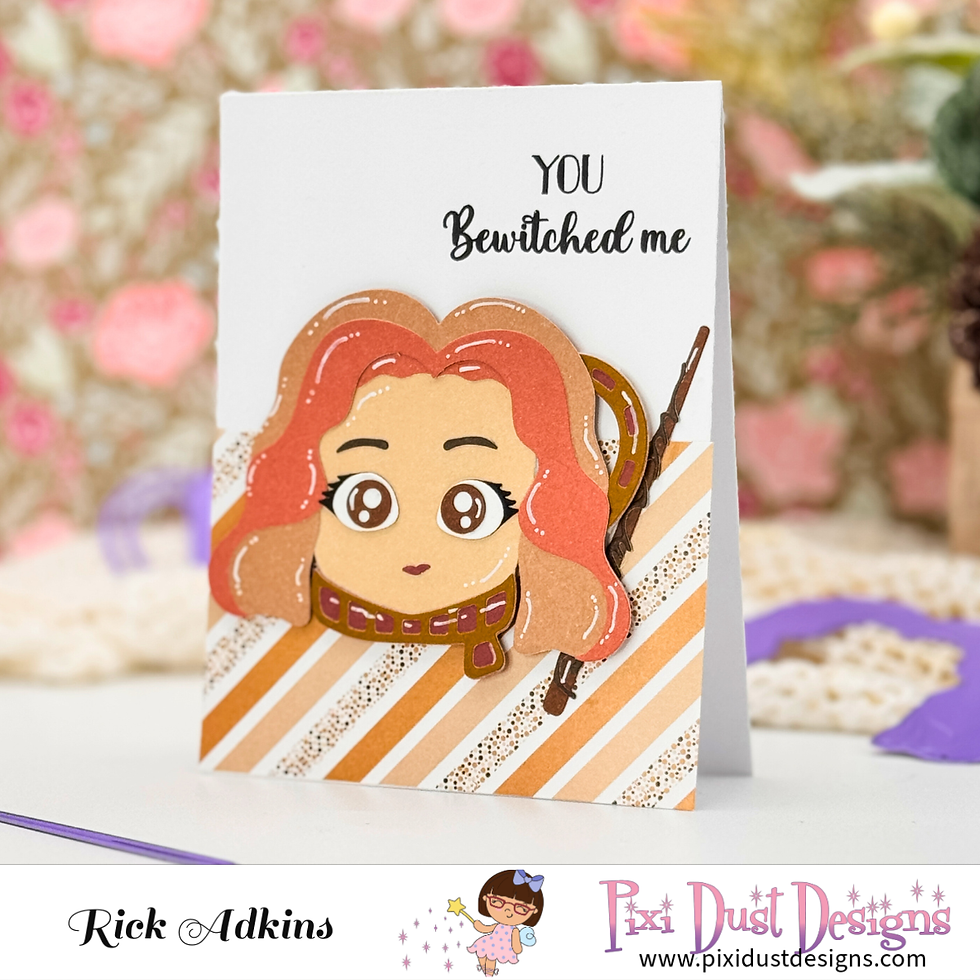 Card with a cartoon face, red hair, and wand, reads "YOU Bewitched me." Striped and floral background, Pixi Dust Designs logo below.