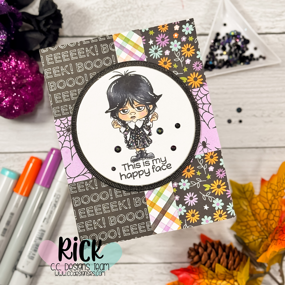 Cartoon character with a serious expression on a decorated card. Text reads "This is my happy face." Background includes colorful patterns.