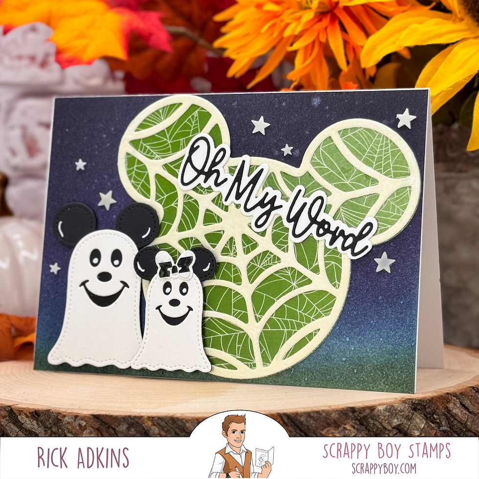Halloween-themed card with smiling ghost figures and leaf-patterned Mickey ears. Text reads "Oh My Word!" against a starry, gradient background.