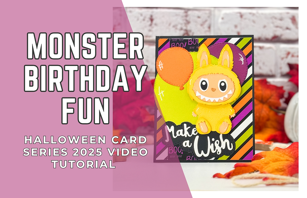 Monster-themed birthday card with a cute creature, balloons, and "Make a Wish" text on striped background. Pink overlay says "Monster Birthday Fun."