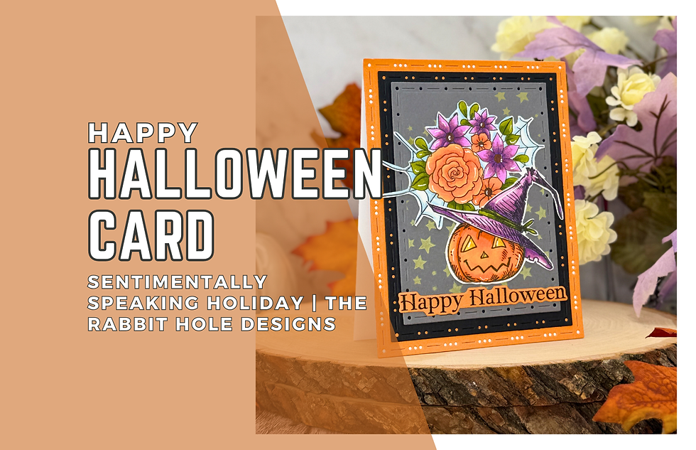 Halloween card with a pumpkin, witch hat, and flowers on a wooden surface. Text reads "Happy Halloween" amid autumn decor.