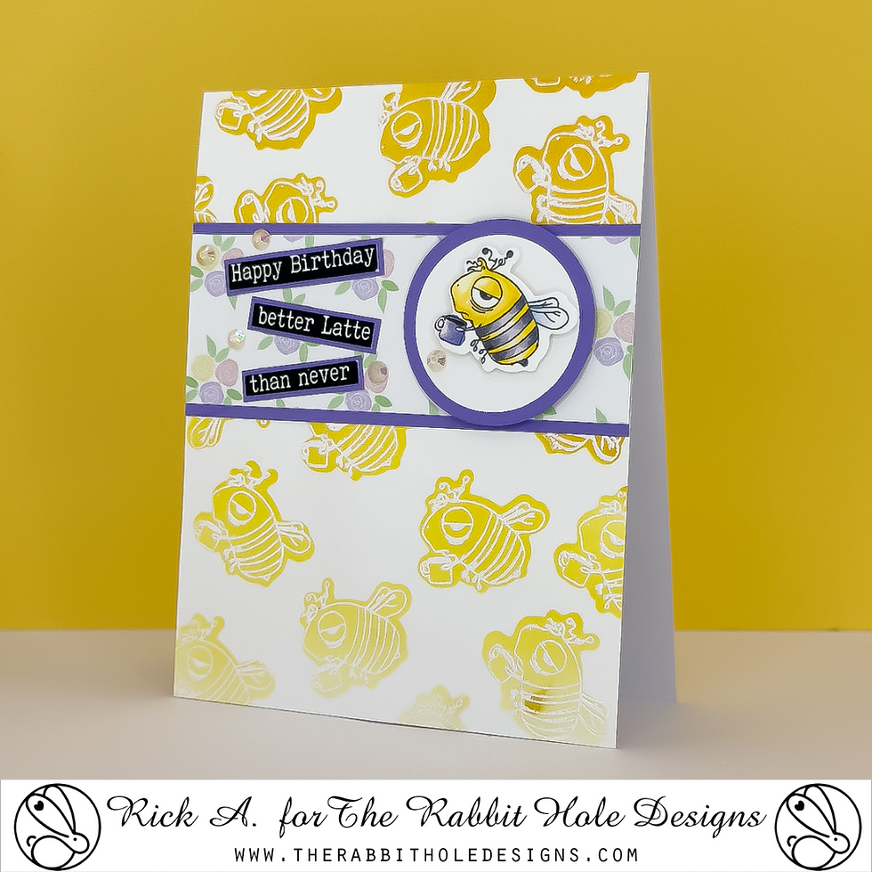 Greeting card with yellow bees, a bee with a coffee cup, and text "Happy Birthday better latte than never" on a yellow background.
