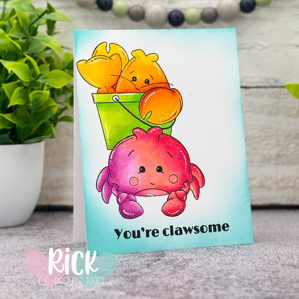 Cute crab holding a green bucket with orange creatures, surrounded by plants. Text reads "You're clawsome." Playful and colorful.