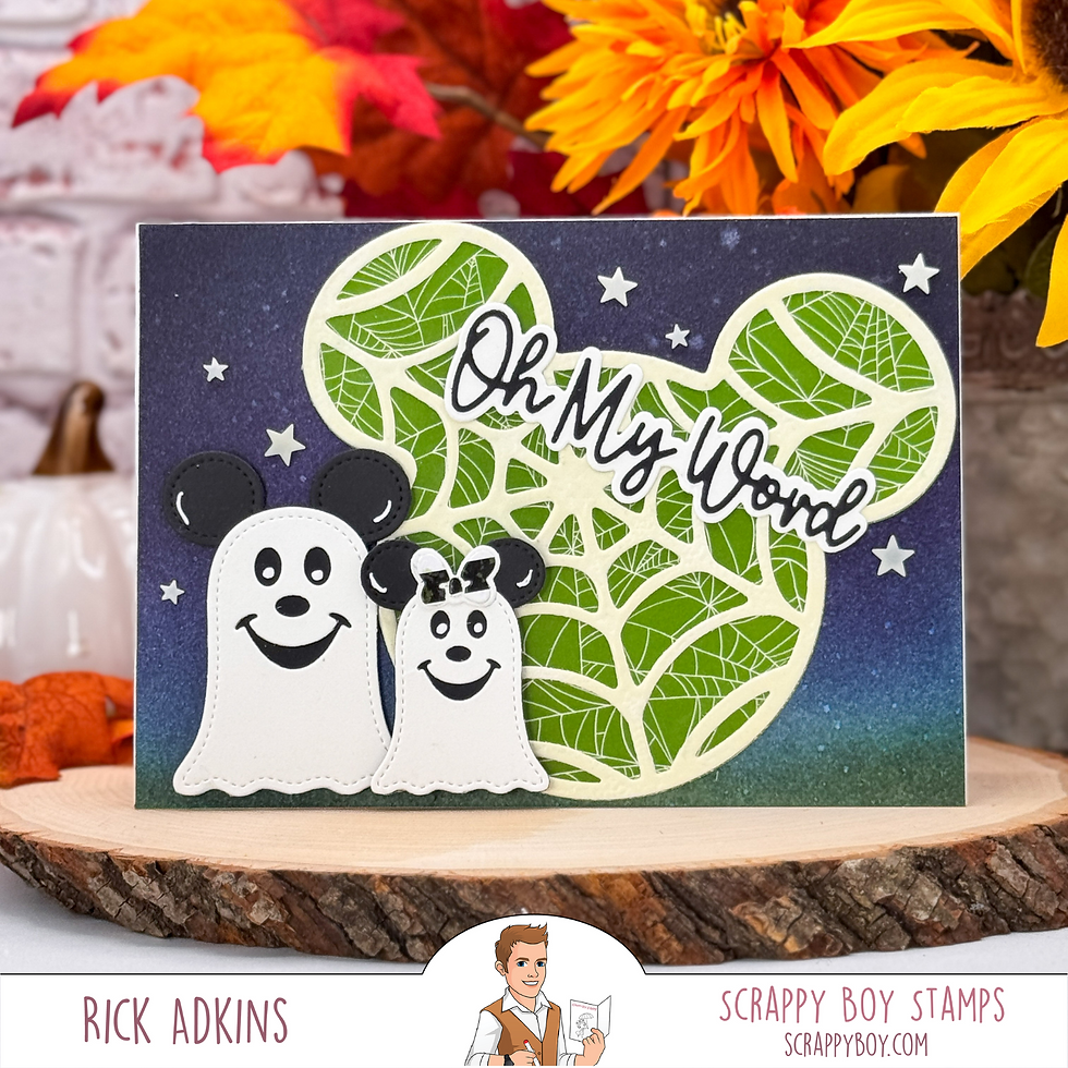 Cartoon ghost figures with Mickey ears and bows, smile on a card with "Oh My Word" text. Leaf patterns, starry background, autumn decor.