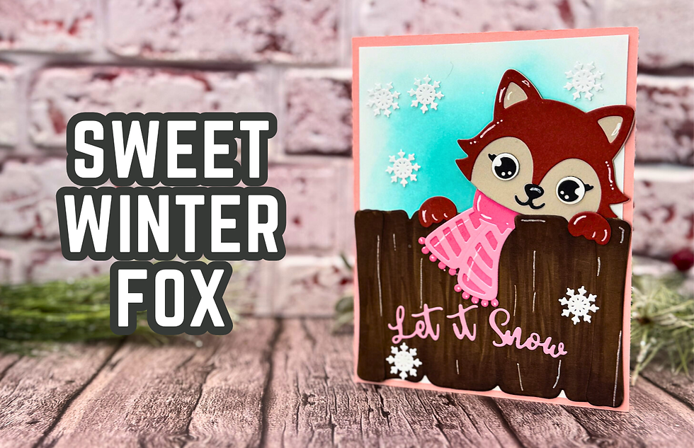 Cute fox with pink scarf peeks over a wooden fence card with "Let it Snow" text. Snowflakes in backdrop, rustic brick wall setting.