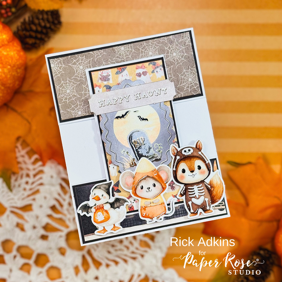 Halloween handmade card with ghost, mouse, fox and duck, moon and bats, spiderweb border, orange autumn background; Happy Haunt