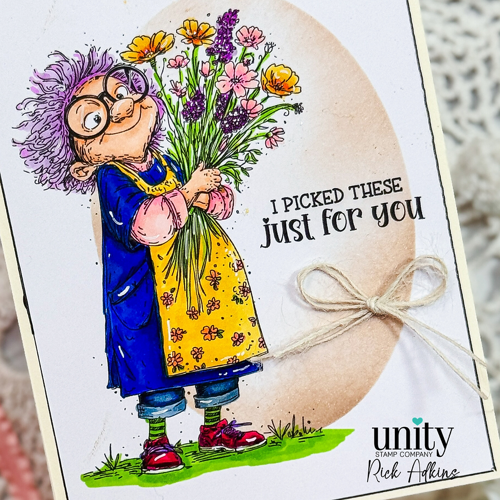 A cartoon person with glasses holds colorful flowers wearing a blue and yellow outfit. Text reads "I picked these just for you."