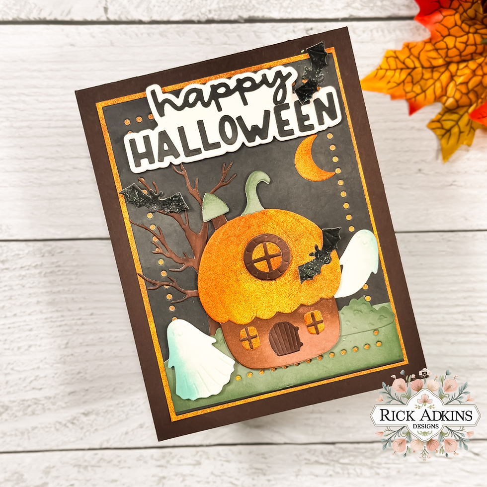Halloween card with a pumpkin house, bats, ghosts, and a crescent moon. Text reads "Happy Halloween." Orange and black theme.