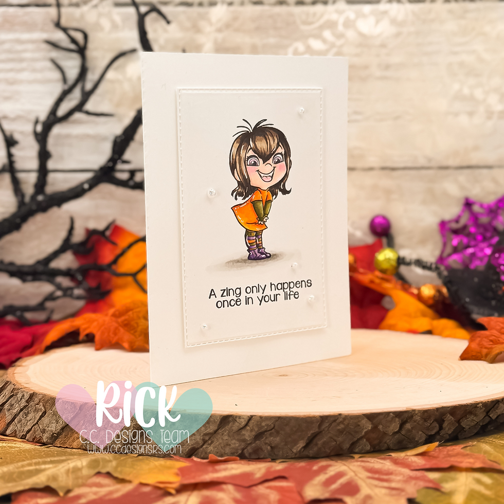Greeting card with a cartoon character in orange, surrounded by autumn leaves. Text reads, "A zing only happens once in your life."